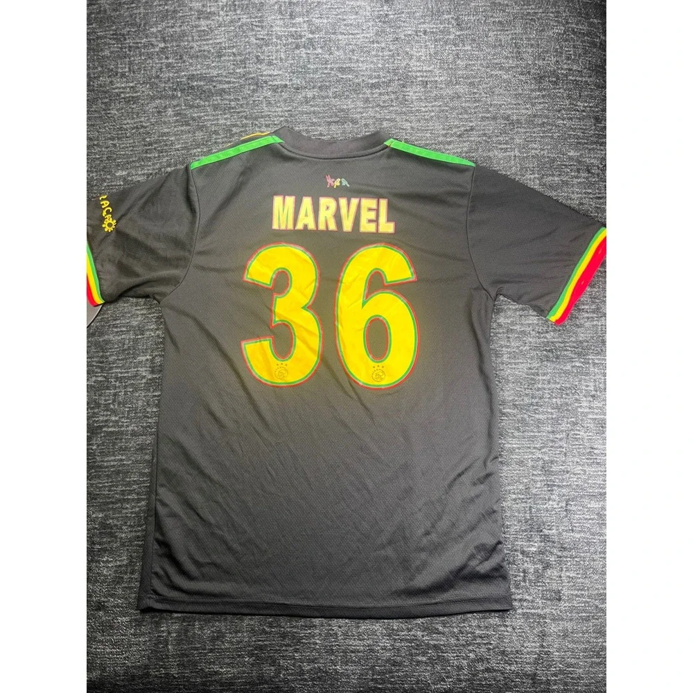 Adidas Ajax Amsterdam Jersey Men L Black Bob Marley Three Little Birds Marvel 36